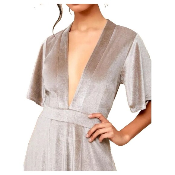 YF&B On The Road Temptress Velvet Maxi Dress Size S Taupe Deep V-neck - Picture 2 of 14